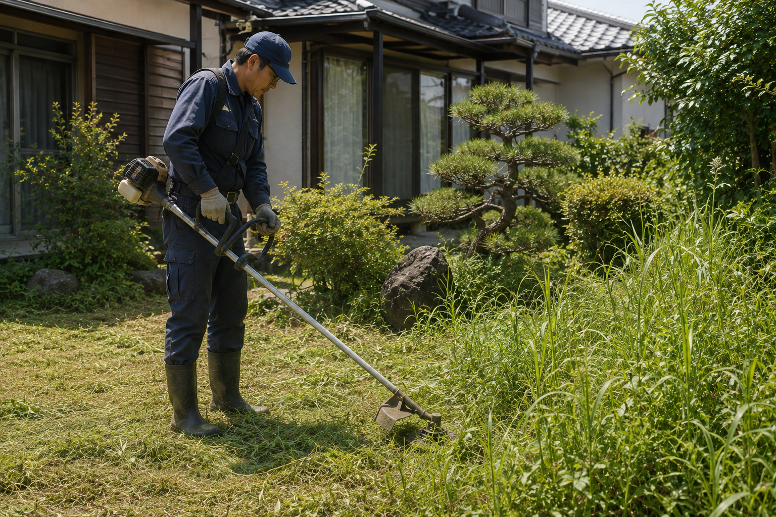 庭で草刈り機を使って作業する深雪工務店の職人