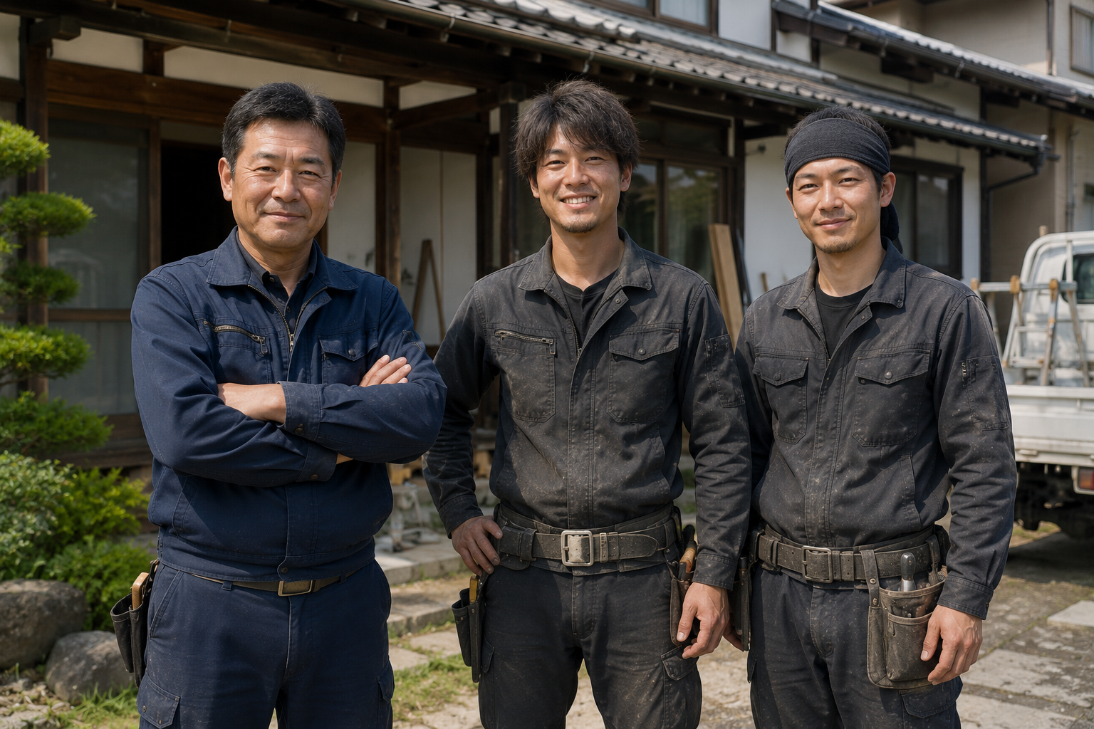深雪工務店の代表と職人2名。住宅の前に並んで立つ様子