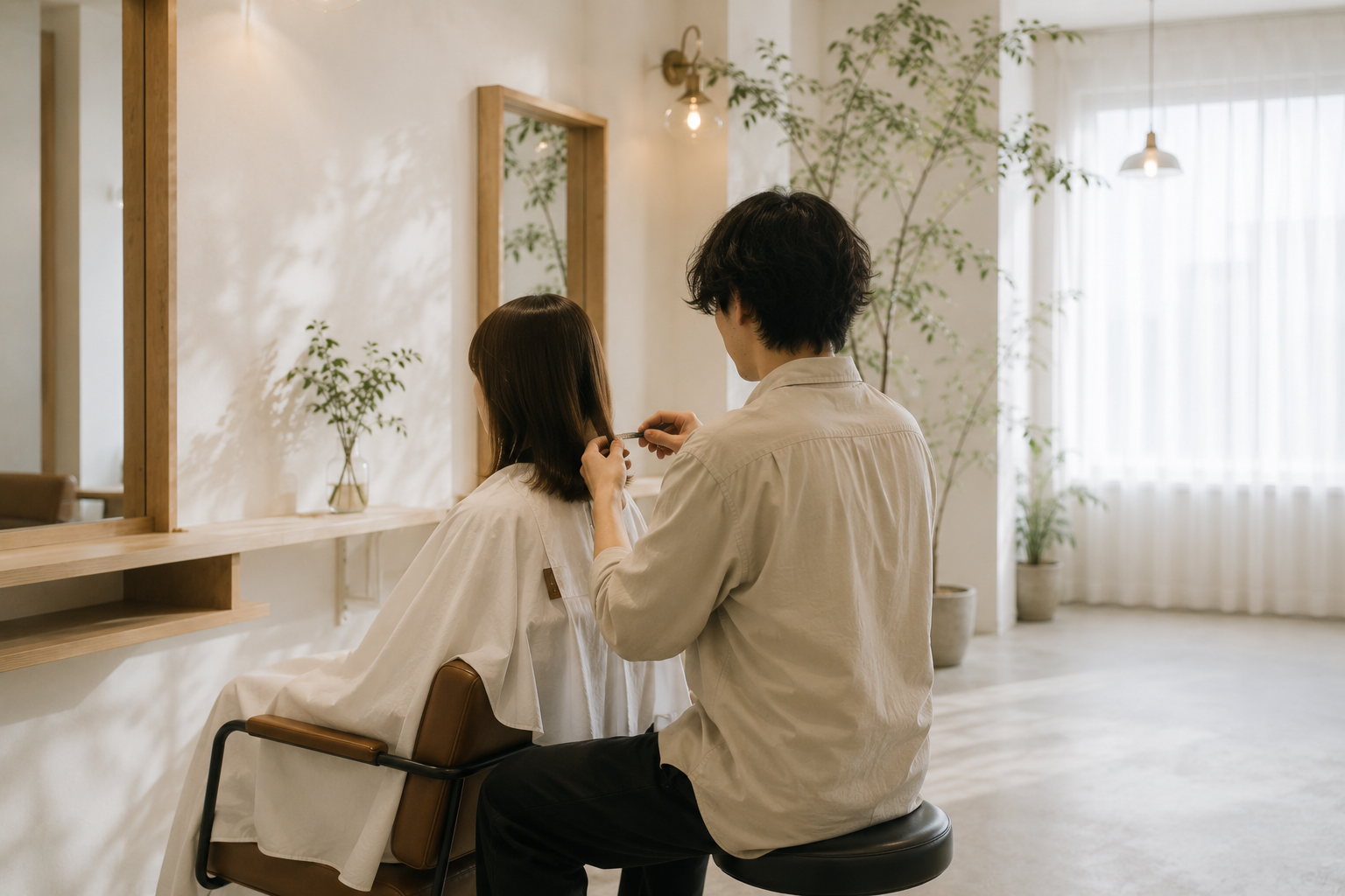スタイリストが施術をしているYOHAKUの店内風景